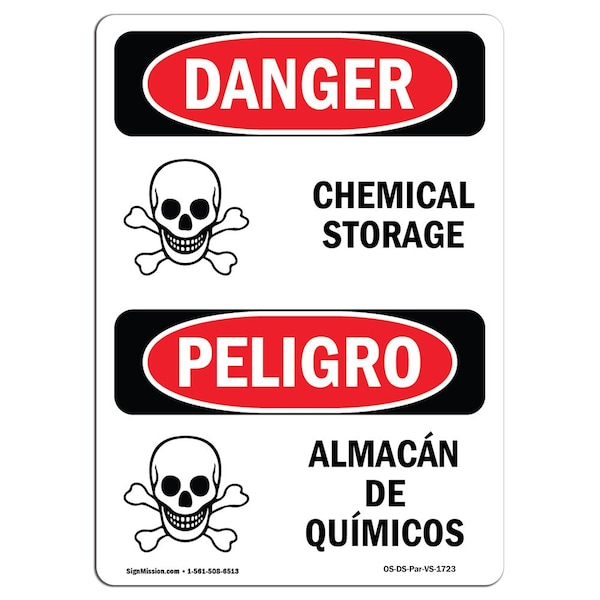 Safety Sign, OSHA Danger, 5" Height, Chemical Storage Bilingual Spanish, 10PK